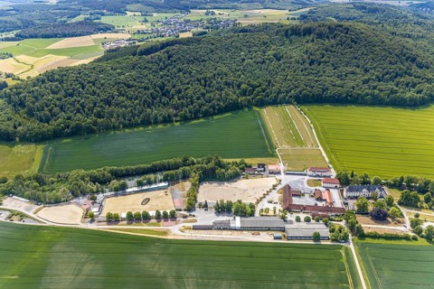 Aerial view, equestrian centre Reiterverein Balve, Schloss Wocklum, Balve, Sauerland, North