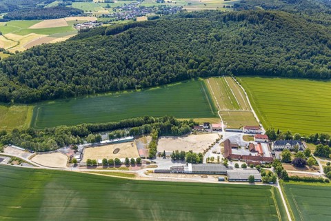 Aerial view, equestrian centre Reiterverein Balve, Schloss Wocklum, Balve, Sauerland, North