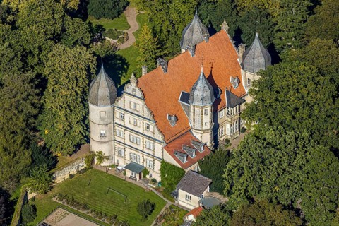 Aerial view, Barntrup Castle with corner towers, Barntrup, East Westphalia-Lippe, North