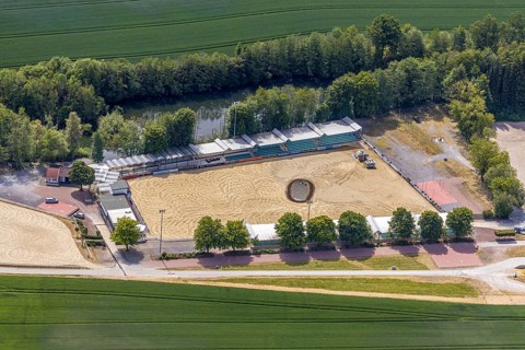 Aerial view, riding centre Reiterverein Balve, at Wocklum Castle, Balve, Sauerland, North