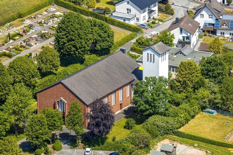 Aerial view, St. Johannes Church Langenholthausen, cemetery, Balve, Sauerland, North