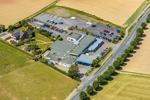 Aerial view, Opel Autohaus Carl Bichmann, Aral petrol station, Balve, Sauerland, North