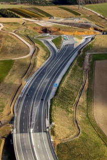 Aerial view, valley bridge Nuttlar, motorway A46, view of Nuttlar, junction B480n, hilly landscape,