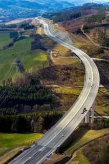 Aerial view, valley bridge Nuttlar, motorway A46, local view Nuttlar, hilly landscape, Bestwig,