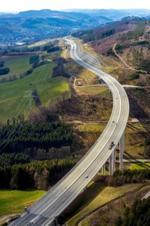 Aerial view, valley bridge Nuttlar, motorway A46, local view Nuttlar, hilly landscape, Bestwig,
