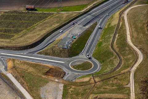 Aerial view, motorway A46, Nuttlar junction B480n, hilly landscape, Bestwig, North