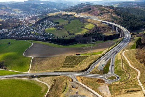 Aerial view, valley bridge Nuttlar, motorway A46, view of Nuttlar, junction B480n, hilly landscape,