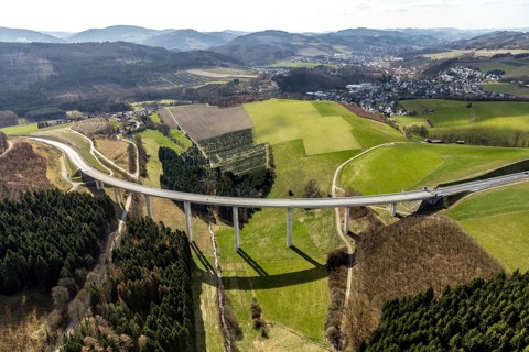 Aerial view, Schormecke viaduct, federal road B480n, feeder road to motorway A46, hilly landscape,