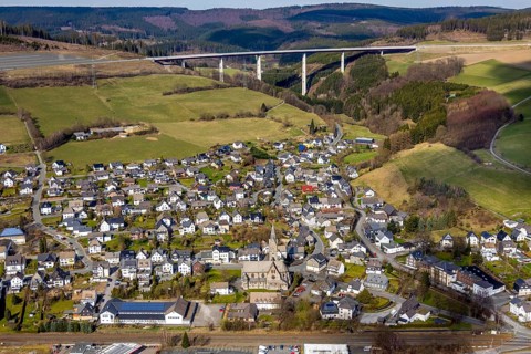Aerial view, aerial view Nuttlar, viaduct Nuttlar, motorway A46, Bestwig, North Rhine-Westphalia,