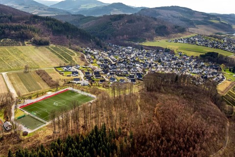 Aerial view, local view Bestwig, sports field Ostwig, Bestwig, North Rhine-Westphalia, Germany,