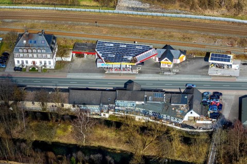 Aerial view, petrol station Esso Nuttlar, federal road B7, river Ruhr, Bestwig, North