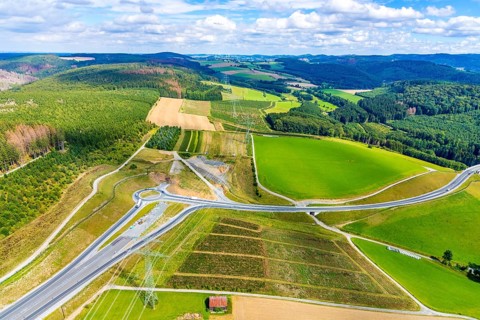 Aerial view, motorway A46, Nuttlar junction B480n, view towards Brilon, further construction of the