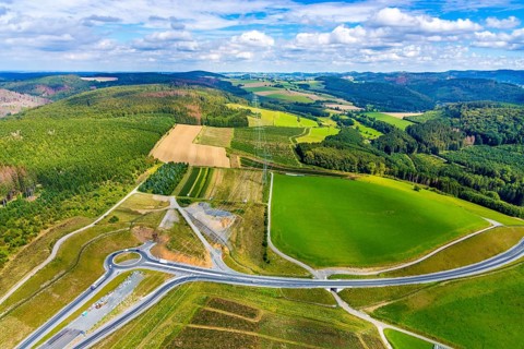 Aerial view, motorway A46, Nuttlar junction B480n, view towards Brilon, further construction of the