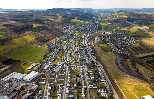 Aerial view, view of Bestwig district Velmede, river Ruhr, meadows and fields, Bestwig, North