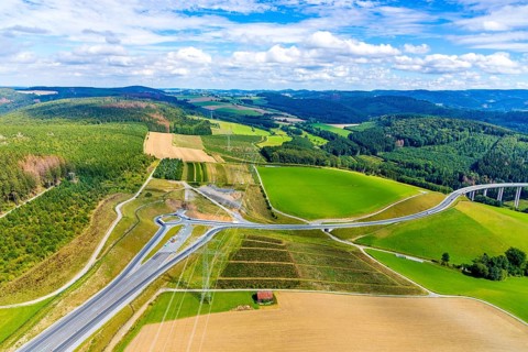 Aerial view, motorway A46, Nuttlar junction B480n, view towards Brilon, further construction of the