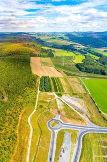 Aerial view, motorway A46, Nuttlar junction B480n, hilly landscape, Bestwig, North