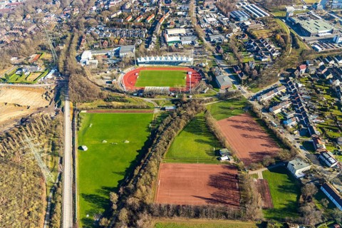 Aerial view, Lohrheidestadion, Leithe, Bochum, Ruhr area, North Rhine-Westphalia, Germany, DE,