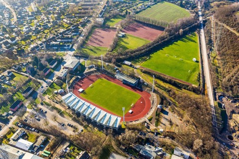 Aerial view, Lohrheide stadium, Leithe, Bochum, Ruhr area, North Rhine-Westphalia, Germany, DE,