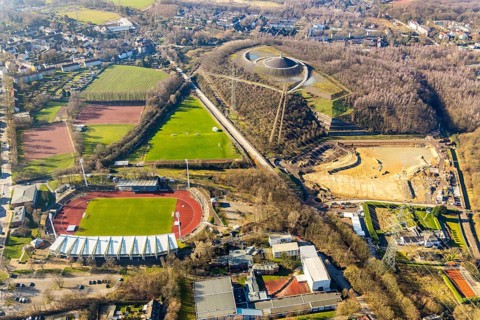 Aerial photograph, Lohrheide stadium, Rheinelbe spoil tip, construction site rainwater retention
