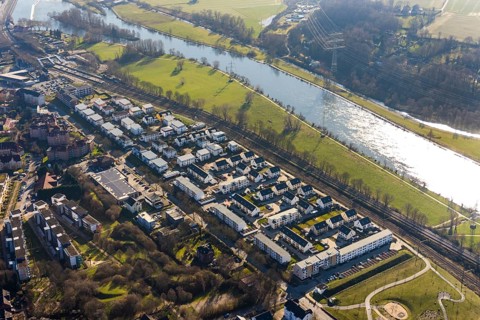 Aerial view, Ruhrauenpark Dahlhausen, new development area, river Ruhr, Dahlhausen, Bochum, Ruhr