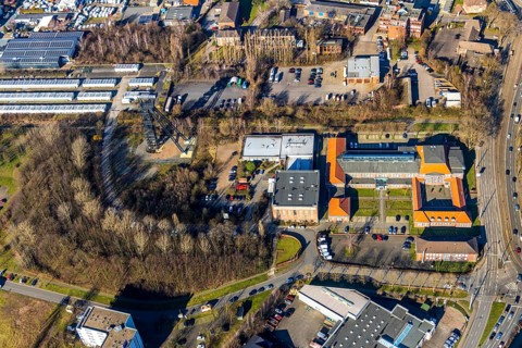 Aerial view, Technology and Start-up Centre Wattenscheid, colliery tower, winding tower, former