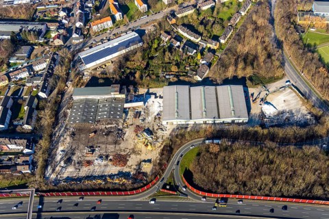 Aerial view, demolition of former factory halls Aquella Getränke Vertrieb, Berliner Straße, planned