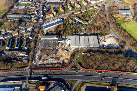 Aerial view, demolition of former factory halls Aquella Getränke Vertrieb, Berliner Straße, planned