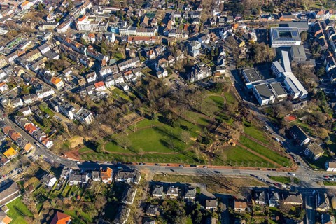 Aerial view, park memorial, construction site at the memorial monument, Westenfeld, Wattenscheid,