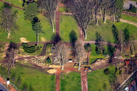 Aerial view, park memorial, construction site at the memorial monument, Westenfeld, Wattenscheid,