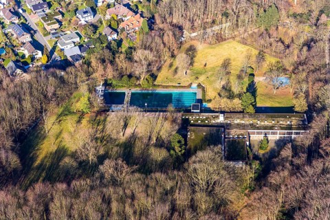 Aerial view, WasserWelten Bochum Hallenfreibad Höntrop, Am Südpark, Höntrop, Bochum, Ruhr area,
