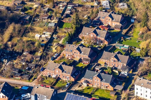 Aerial view, housing estate Am Ruhrort, terraced houses, workers' housing estate, colliery houses