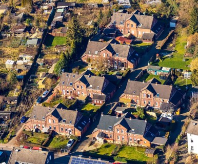 Aerial view, housing estate Am Ruhrort, terraced houses, workers' housing estate, colliery houses