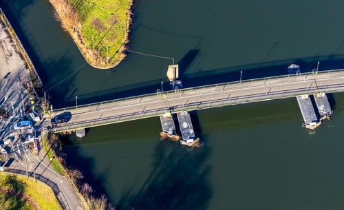 Aerial view, floating bridge Dahlhausen, river Ruhr, Dahlhausen, Hattingen, Ruhr area, North