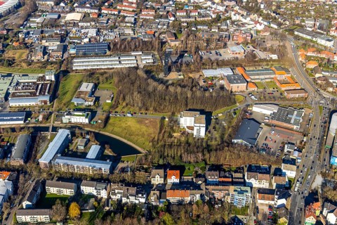Aerial view, Technology and Start-up Centre Wattenscheid, colliery tower, winding tower, former