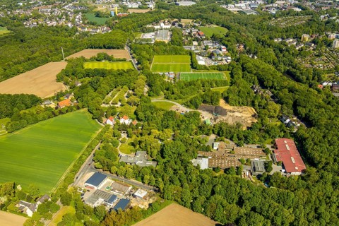 Aerial view, sports facility VfL Bochum, construction site Hiltroper Straße, workshop Constantin