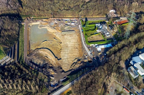 Aerial view, construction site rainwater retention basin Wattenscheider Bach, Hollandstraße,