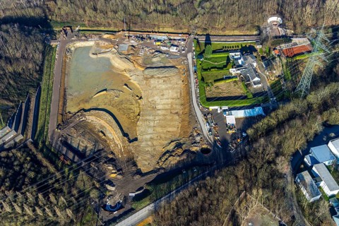 Aerial view, construction site rainwater retention basin Wattenscheider Bach, Hollandstraße,