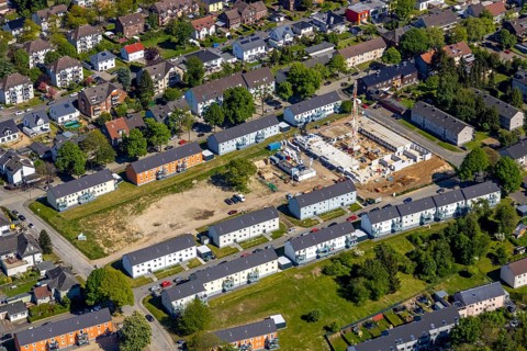 Aerial view, construction site, new build flats Im Nörenberger Feld, Werne, Bochum, Ruhr area,