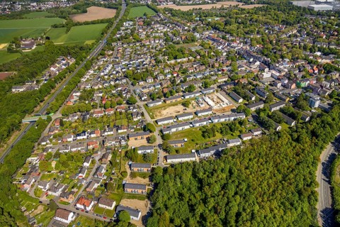 Aerial view, construction site, new build flats Im Nörenberger Feld, Werne, Bochum, Ruhr area,