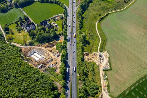 Aerial view, construction site Harpener Bach, Auf dem Sporkel, rainwater overflow basin