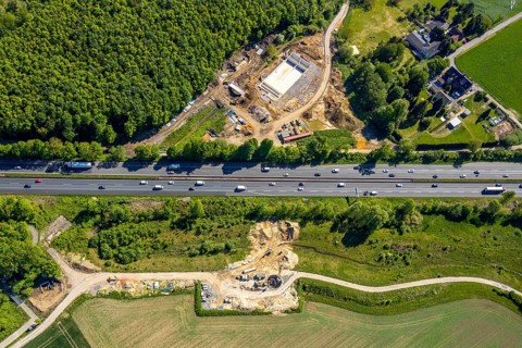 Aerial view, construction site Harpener Bach, Auf dem Sporkel, rainwater overflow basin