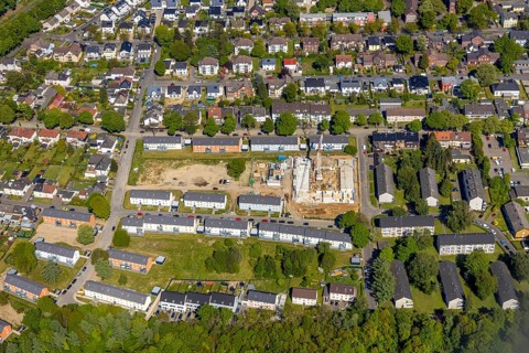 Aerial view, construction site, new build flats Im Nörenberger Feld, Werne, Bochum, Ruhr area,