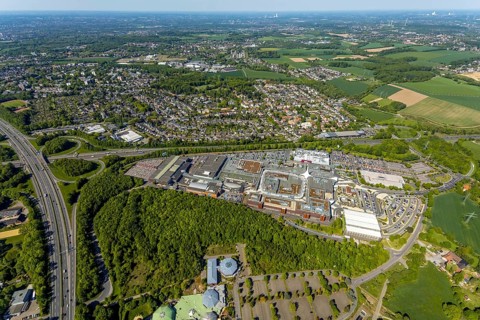 Aerial view, motorway junction Bochum, Ruhr Park shopping centre, Medi Therme, Bochum, Ruhr area,