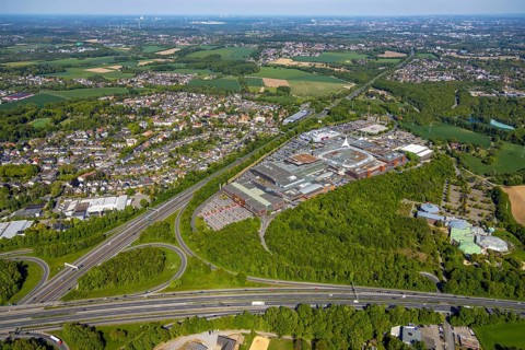 Aerial view, motorway junction Bochum, Ruhr Park shopping centre, Medi Therme, Bochum, Ruhr area,