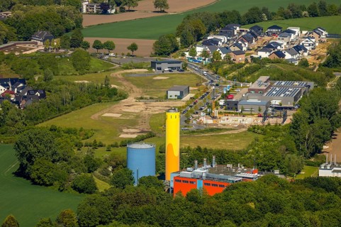 Aerial view, Stadtwerke Bochum colourful buildings, industrial area Steiger-Stein-Straße,