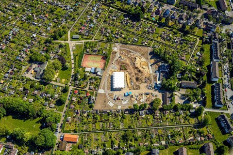 Aerial view, allotment garden association Bochum-Riemke, construction site Urban Green