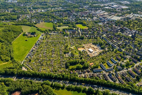 Aerial view, allotment garden association Bochum-Riemke, construction site Urban Green