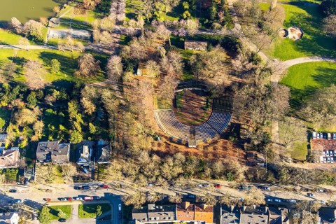Aerial view, Stadtgarten Wattenscheid, semicircular theatre arena, open-air theatre, Wattenscheid,