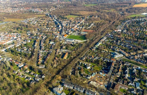 Aerial view, planned cycle path on former railway line, local view Günnigfeld, road subway