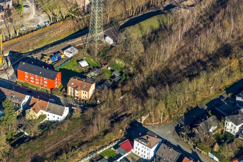 Aerial view, planned cycle path on former railway line, road subway Ückendorfer Straße, Am Bahnhof,
